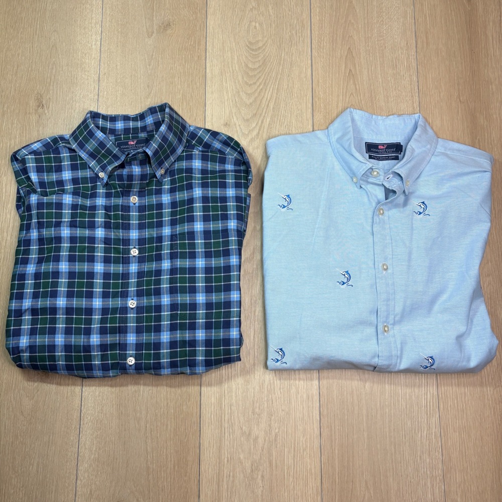 LOT OF 2 - Vineyard Vines Mens Slim Fit Murray Shirts Plaid Marlin Blue Large